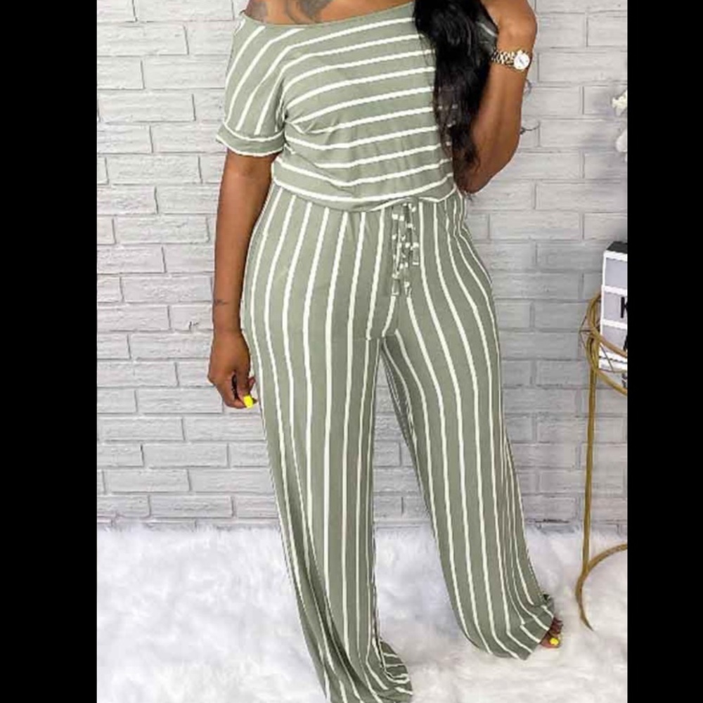 Green and white striped short sleeved jumpsuit
